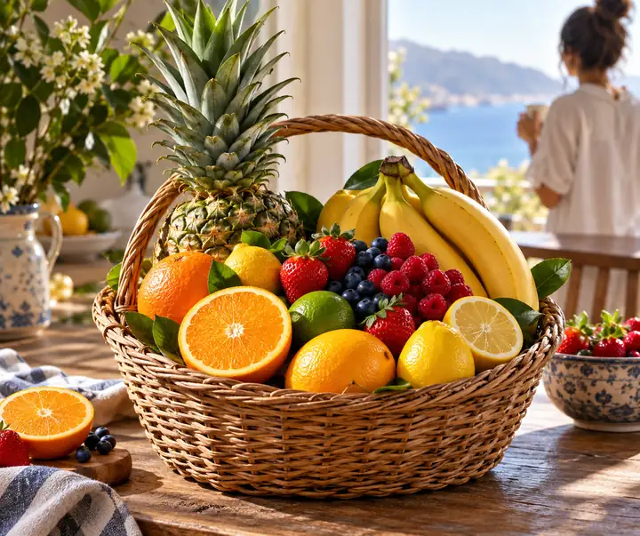 Bunter Obstkorb gefüllt mit Zitrusfrüchten, Beeren, Ananas und Banane in hellem natürlichem Licht