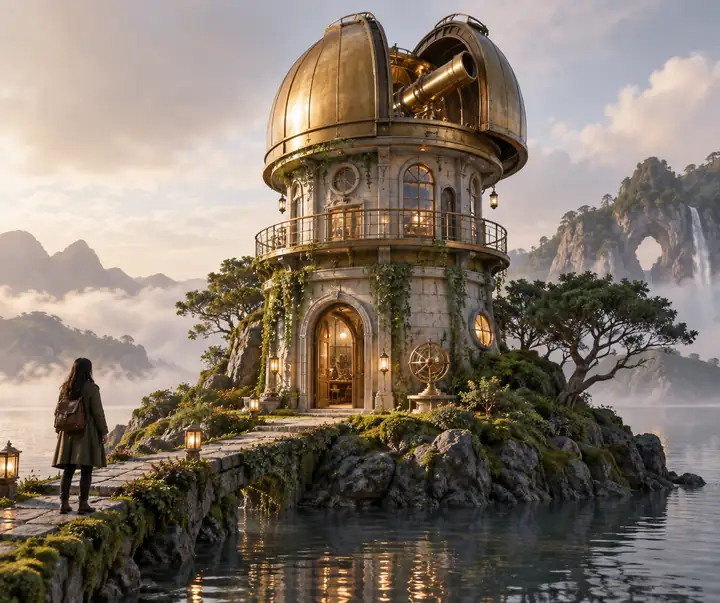 Stilisierter Observatoriumsturm aus Messing auf einer moosigen Insel in weicher Studiobeleuchtung