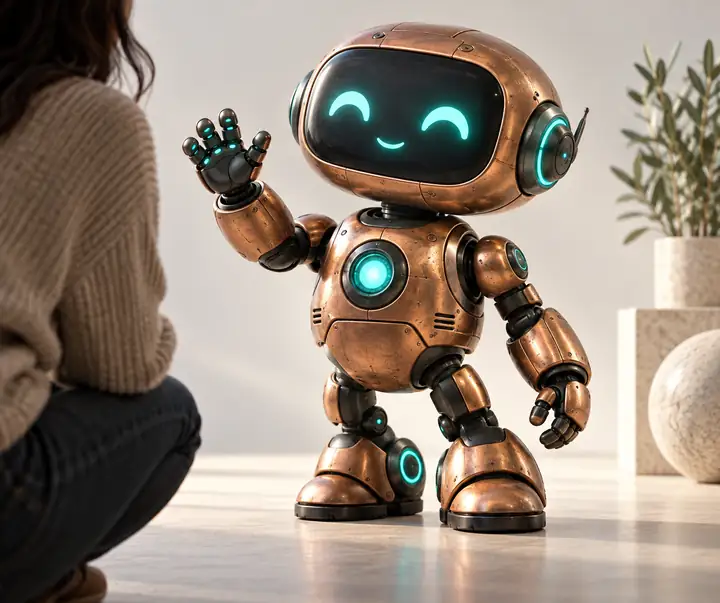 Freundlicher Retro-Roboter mit türkisfarbenen Lichtern und abgerundeten Kupferflächen vor einem klaren Hintergrund