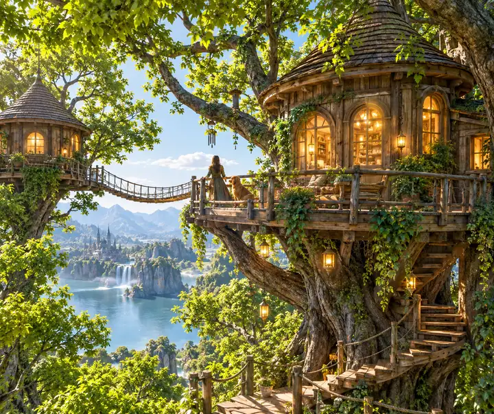 Fantasiebaumhaus mit warm beleuchteten Fenstern und leuchtend grünen Bäumen bei Tageslicht