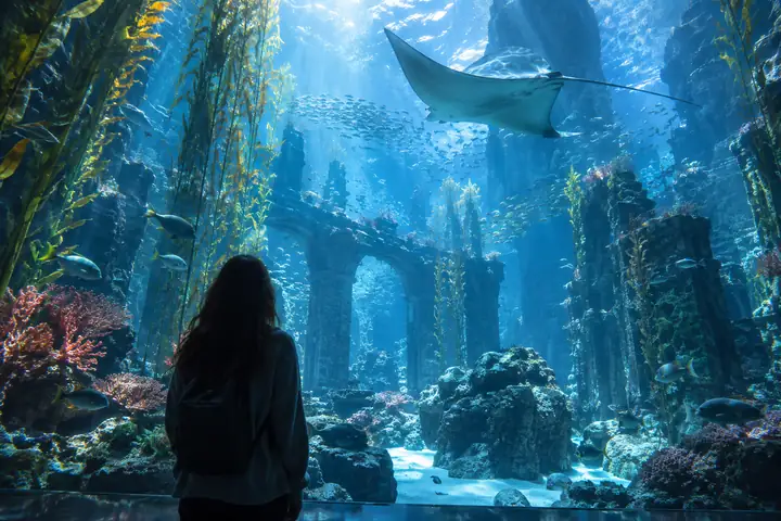 Traumhafte Unterwasser-Aquariumszene mit hohen Pflanzen, korallenartigen Formen und blauem, gefiltertem Licht