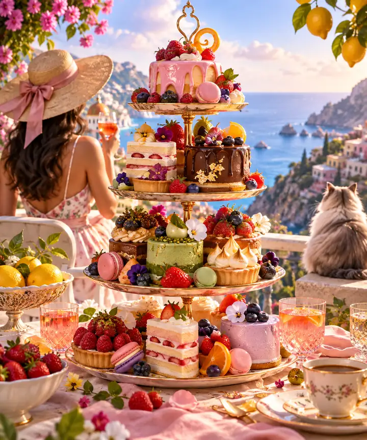Bunter Dessertturm mit Kuchen, Früchten, Getränken und dekorativen Details vor einem hellen Hintergrund