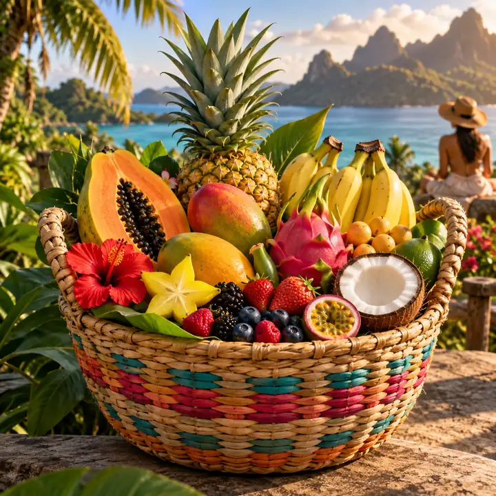 Heller geflochtener Korb, übervoll mit tropischen Früchten und Beeren, als zentrierte Produktillustration