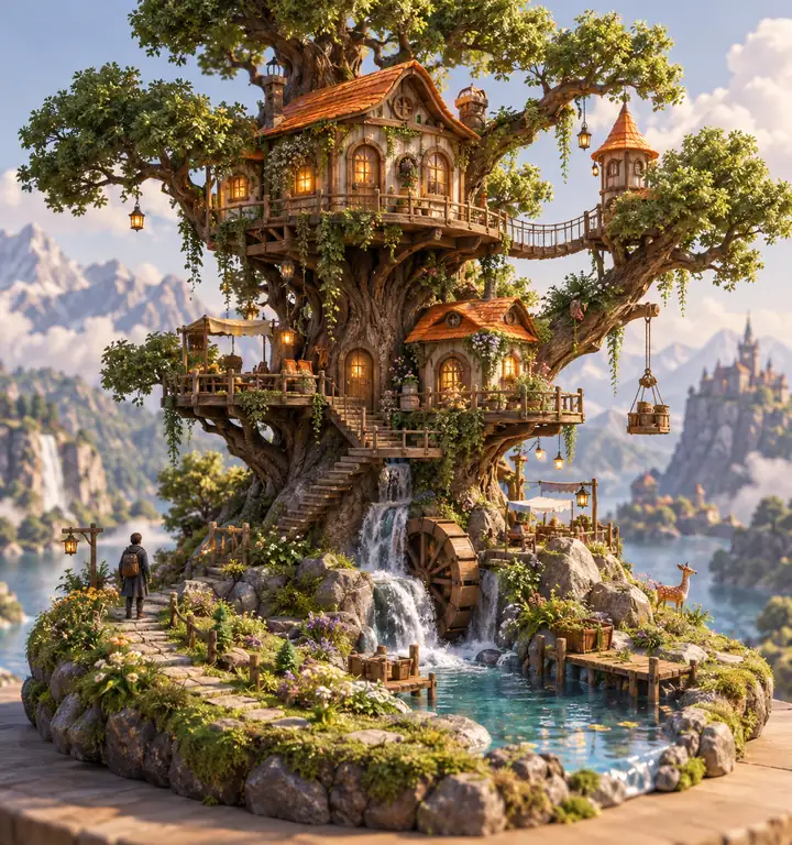 Verspieltes mehrstöckiges Baumhaus mit orangefarbenen Dächern, Begrünung und einer kleinen Fantasylandschaft als Basis