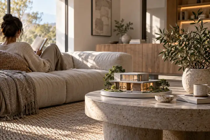 Helles Wohnzimmer mit niedrigem Sofa, rundem Beistelltisch und Topfpflanze in einem neutralen Innenraum
