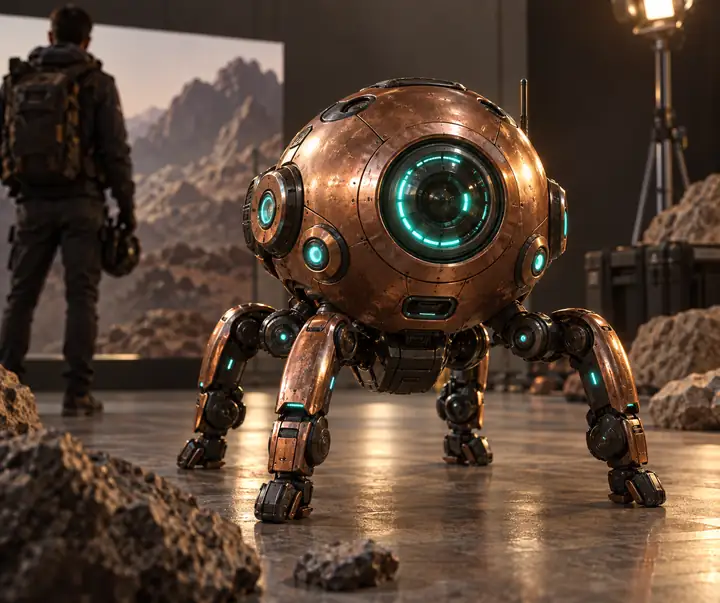 Abgerundeter Kupferroboter zur Erkundung mit türkisfarbenen Lichtern und beweglichen Beinen, zentriert vor einem Studiohintergrund
