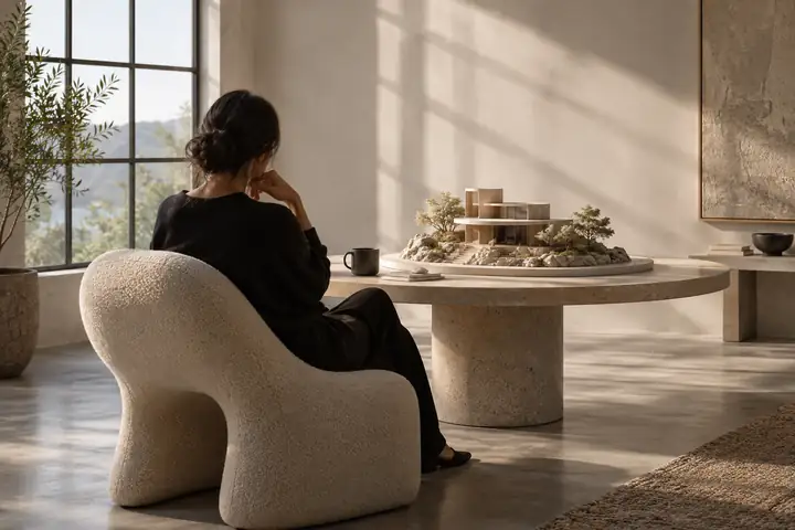Minimalistische Studioecke mit skulpturalem Stuhl, rundem Tisch und großem, sanft beleuchtetem Fenster