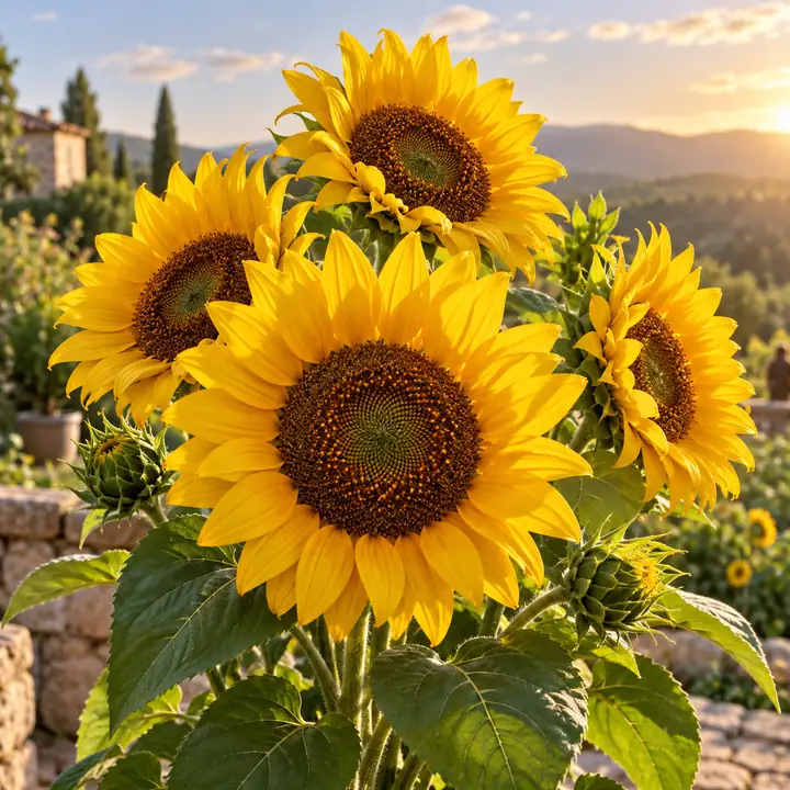 Gruppe leuchtend gelber Sonnenblumen mit grünen Blättern, angeordnet als fröhliches zentriertes Asset
