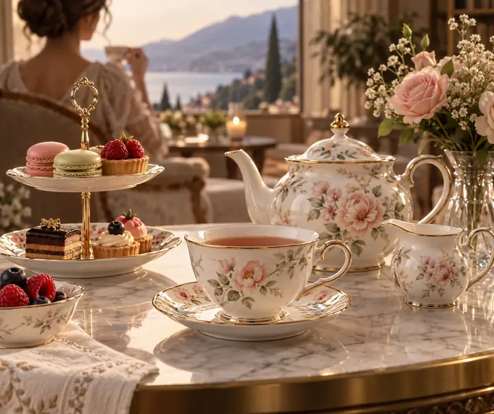 Elegantes florales Teeservice mit Tasse, Untertasse und kleinen Gebäcken, als zentriertes Stillleben arrangiert