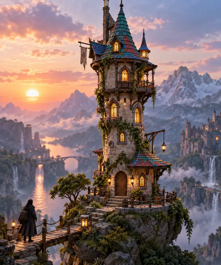 Hoher Fantasieturm mit bunten Dachziegeln und warm beleuchteten Fenstern auf einer kleinen Plattform
