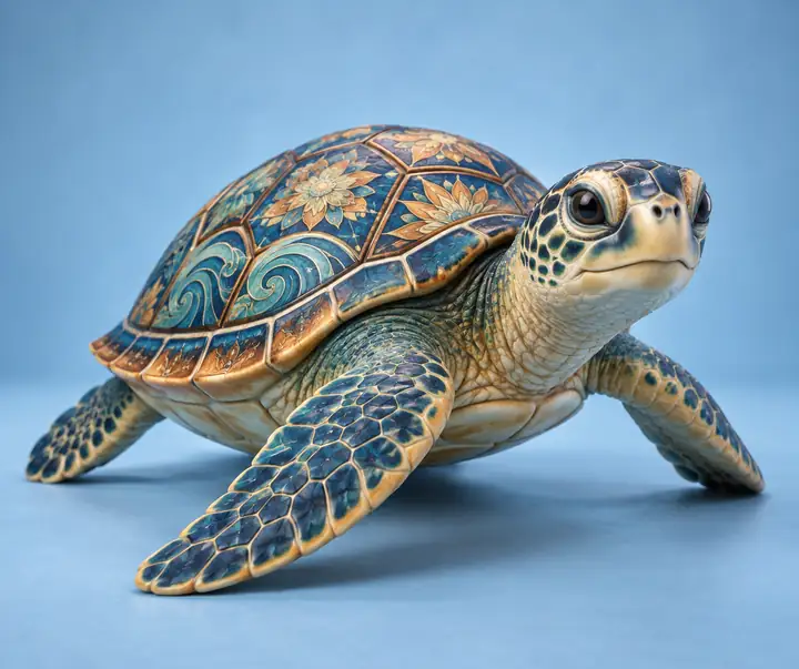 Stilisierte Schildkröte mit detailreich gemustertem Panzer vor einem sanft blauen Studiohintergrund