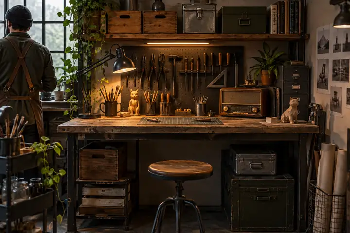 Kompakte kreative Werkbank mit Werkzeugen, einem Vintage-Radio und Aufbewahrungsboxen in frontaler Ansicht
