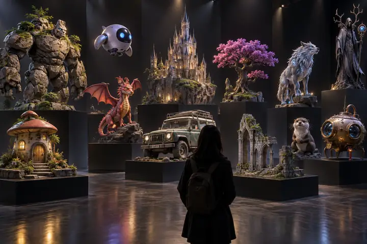 Bunte Sammlung stilisierter 3D-Kreaturen, Objekte und architektonischer Assets, angeordnet in einer dunklen Studiogalerie