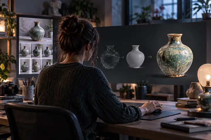 Pixal3d-Arbeitsumgebung zur Umwandlung von Bildern in GLB mit Quellpanel, Rekonstruktionssteuerungen und einer Vorschau des texturierten Modells